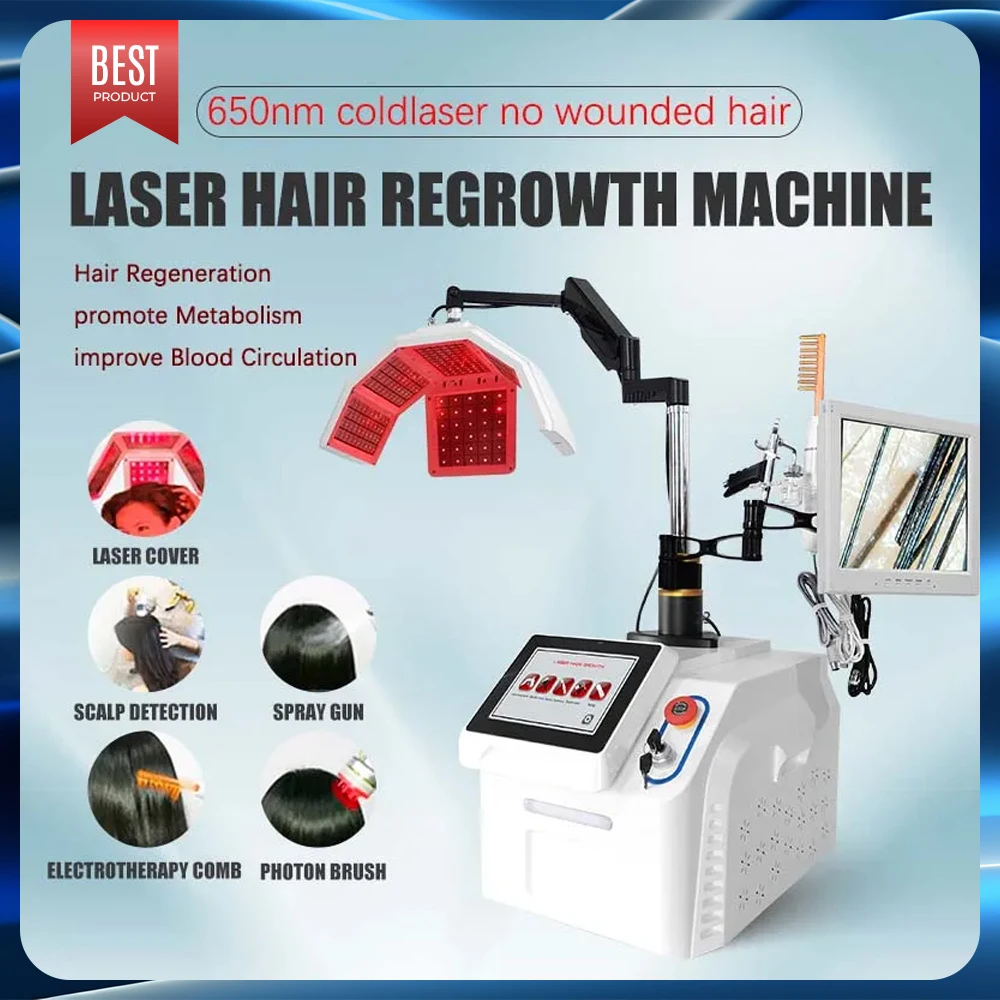 

650nm Diode Laser Hair Regrowth Machine LLLT Hair Follicle Strengthen Scalp Analyzer Professional Beauty Salon Spa Equipment