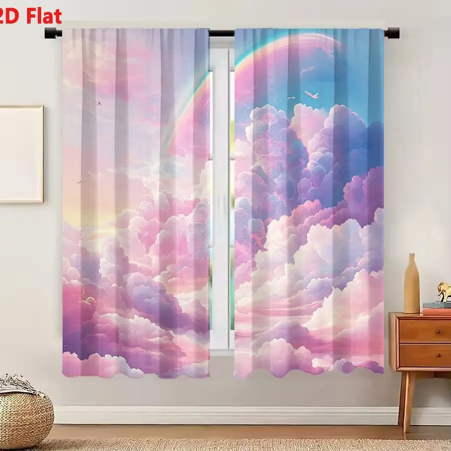2Pcs Curtains 2D Flat Serene Dreamlike Sky With Fluffy Pastel Clouds And Vibrant Rainbow Window Drapes for Bedroom Room Decor De