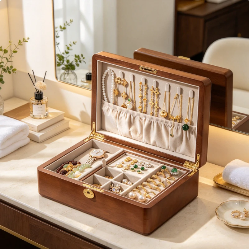 Solid Wood Jewelry Box Lockable Organizer Soft Velvet Lining Smooth Rounded Finish for Necklaces Earrings Gold Wedding Gift