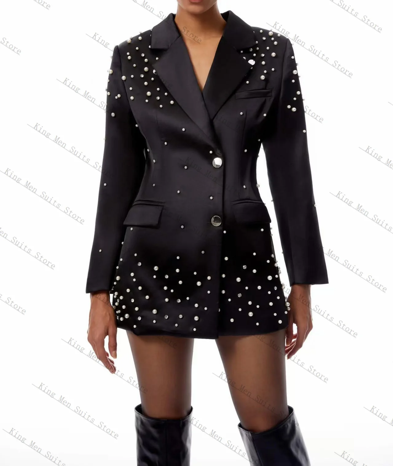 

Pearls Women Suit 1 Pcs Long Blazer Prom Dress Black Customized Formal Guest Wedding Tuxedos Coat Jacket Outfit Coat
