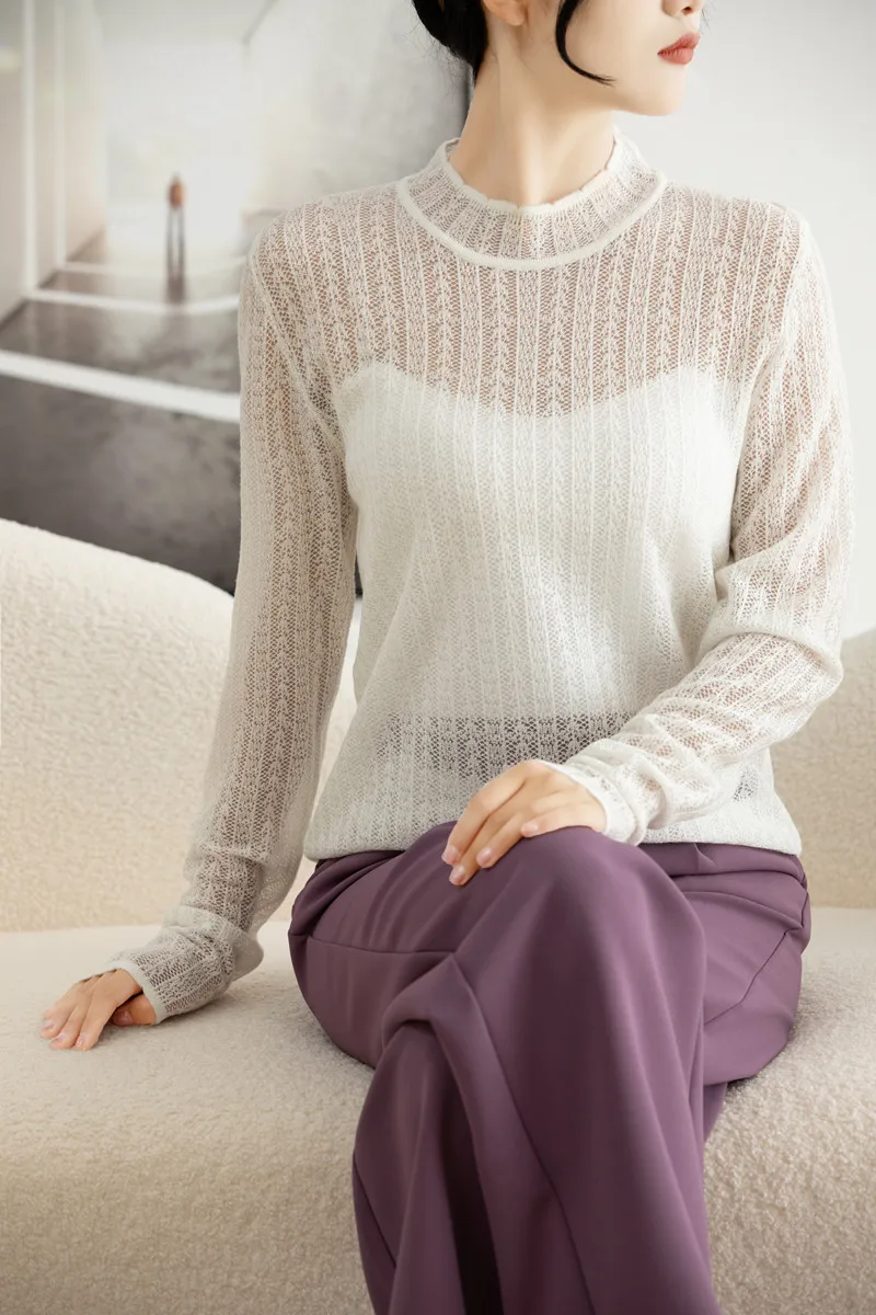 Women Spring Autumn Fine Wool Organza Sweater Half-high Collar Hollow Pullover Basis Casual Knitwear Long Sleeve Tops - Detail 1