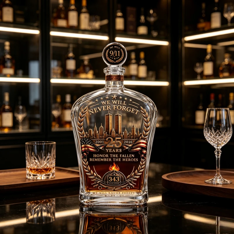 September 11 Tribute Glass Whiskey Decanter 350mL 2001-2026 25 Years Memorial Bottle with Decorative Stopper Collectible Gift