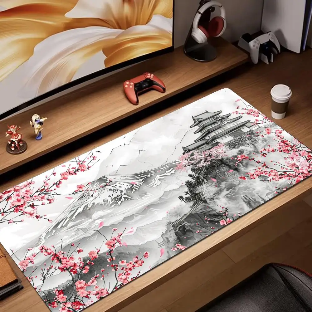 桜と富士山の水墨画マウスパッドデスクマットゲームマットゲーマーPCアクセサリーキーパッド拡張マウスパッド