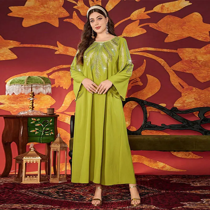 Middle East Muslim New Fashion Women's Plus Size Diamond Studded Casual Trendy Loose Elegant O-neck Ceremonial Dresses Female
