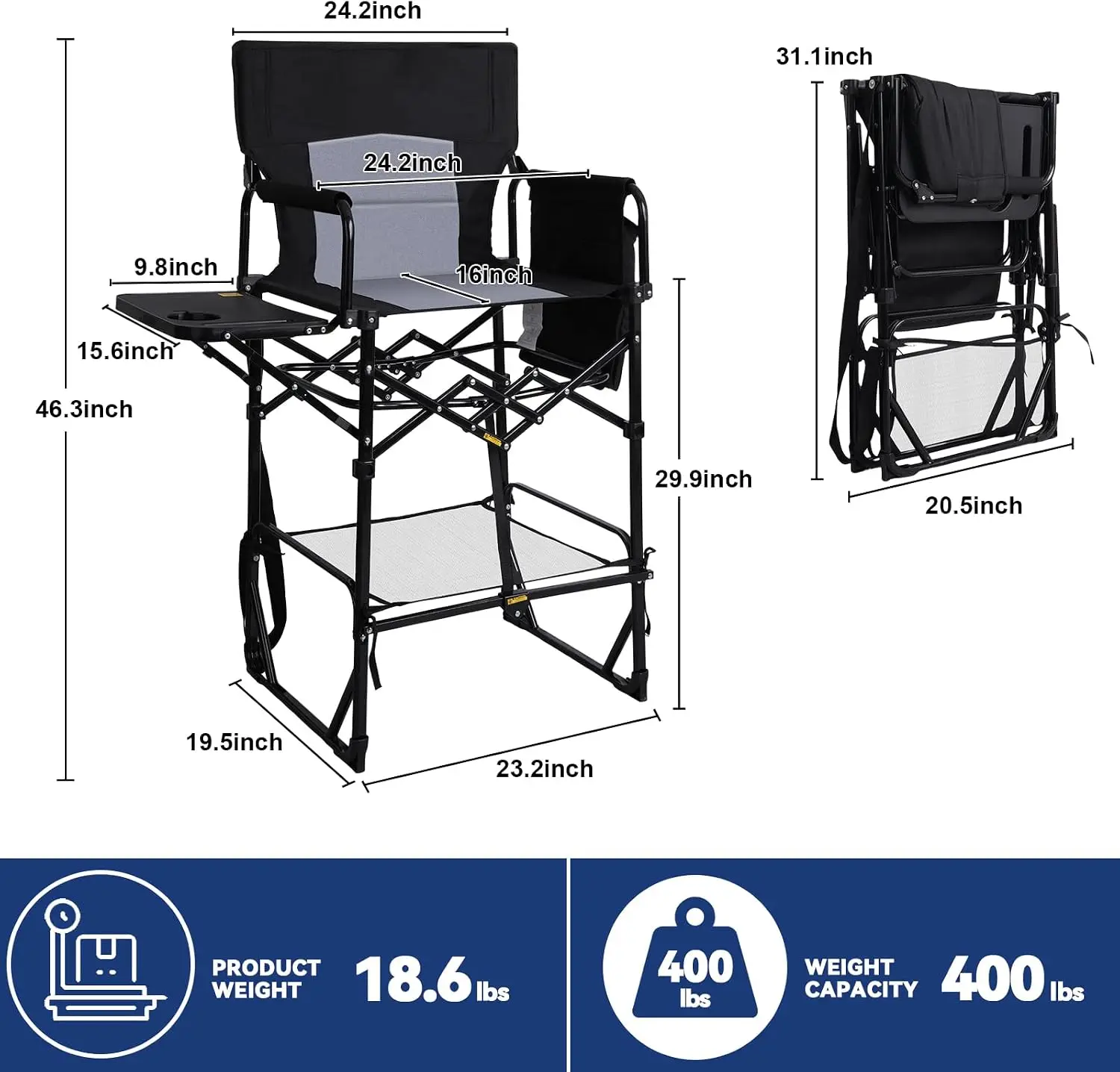 2 Pack Extra Tall Folding Camping Directors Chair High Seat Foldable Bar Stool Set With Side Table Cup Holder Storage Pocket Footrest Heavy Duty Portable Lawn Patio Outdoor Black view 2