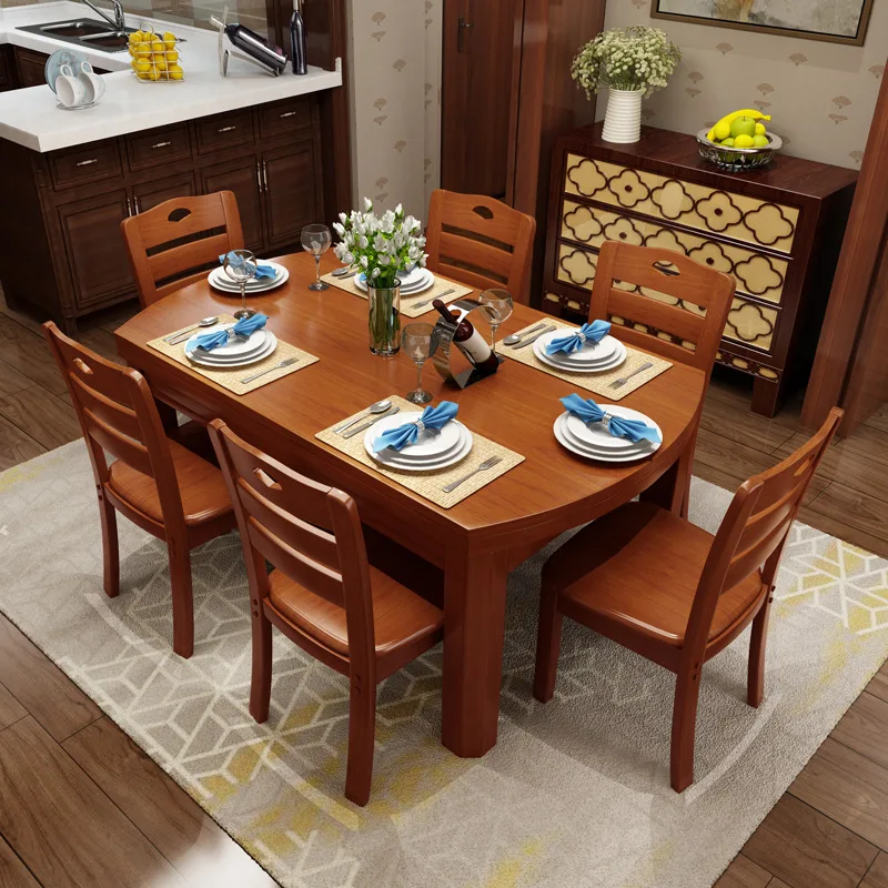 Solid wood dining table and chair combination Modern simple retractable folding round table Small apartment dining table