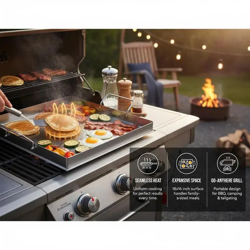 Universal Flat Top Griddle 18x16 Inch For Camping Tailgating Party, Rectangular Hot Plate Family Cookware Built-in Handles Gas Grill Attachment Teppanyaki Surface Outdoor Cooking Pan view 4