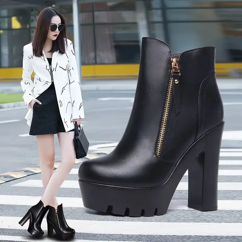 13cm Small Size 32-43 British Style Block High Heels Boots Platform Shoes 2024 Winter Thick Bottom Plush Ankle Boots Model Mom