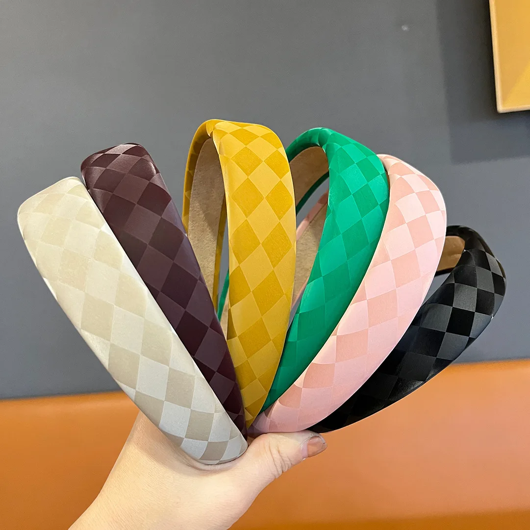 ربطة شعر من جلد البولي يوريثان، طوق شعر عالي التاج، طباعة الشطرنج، تصميم واسع، طراز عتيق عتيق للنساء والفتيات، إكسسوارات الشعر