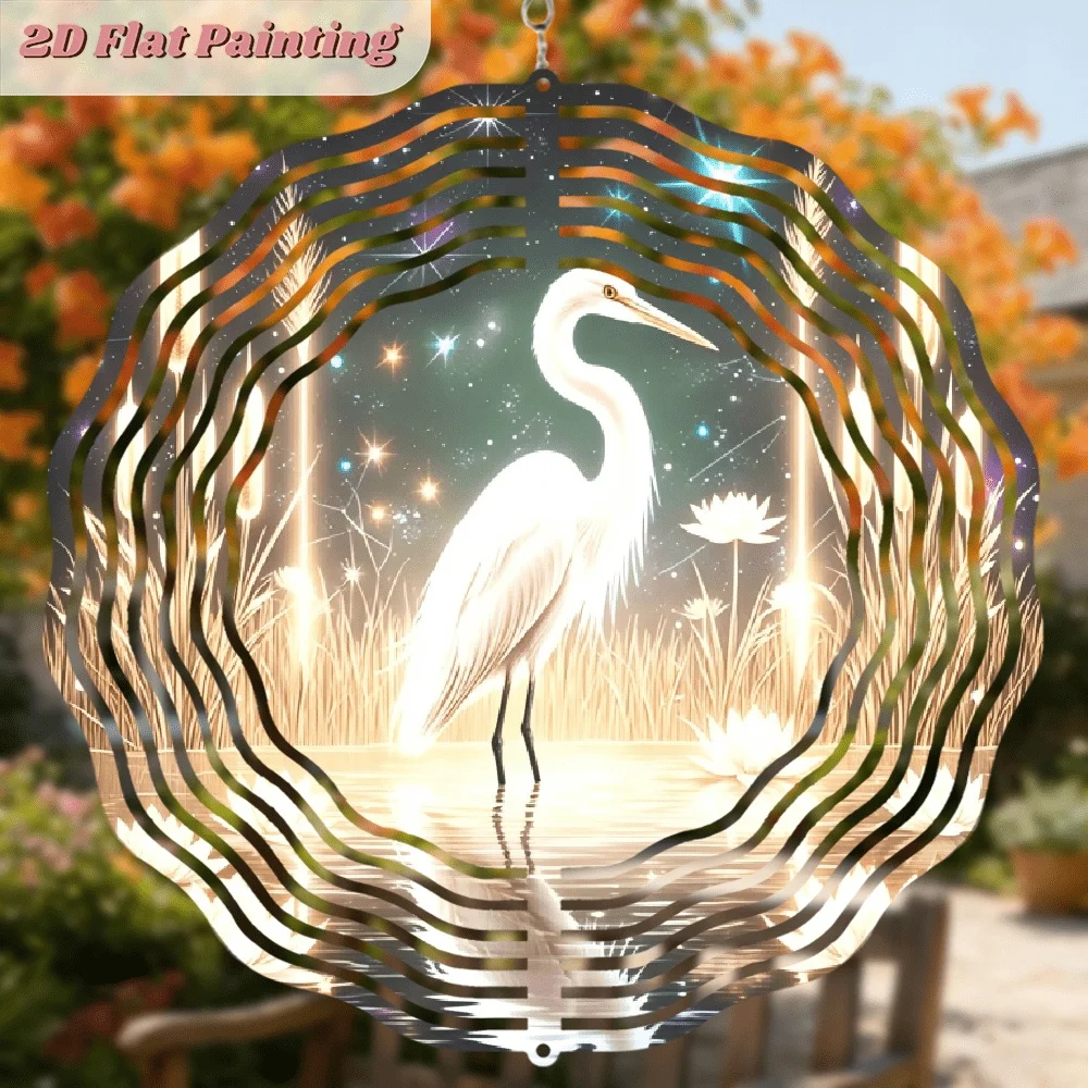 CIFBUY Creative 2D Flat Heron Wind Chime 360° Spinning Hook Aluminum Wall Art Waterproof Durable for Garden Patio Yard Indoor Ou