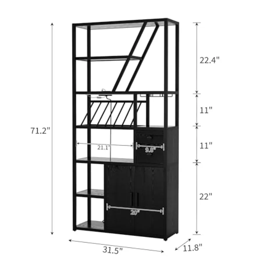 Modern Tall Bar Cabinet with LED Lights, Power Outlets and Wine Rack Glass Holder, Bakers Rack, Coffee Bar and Microwave Stand