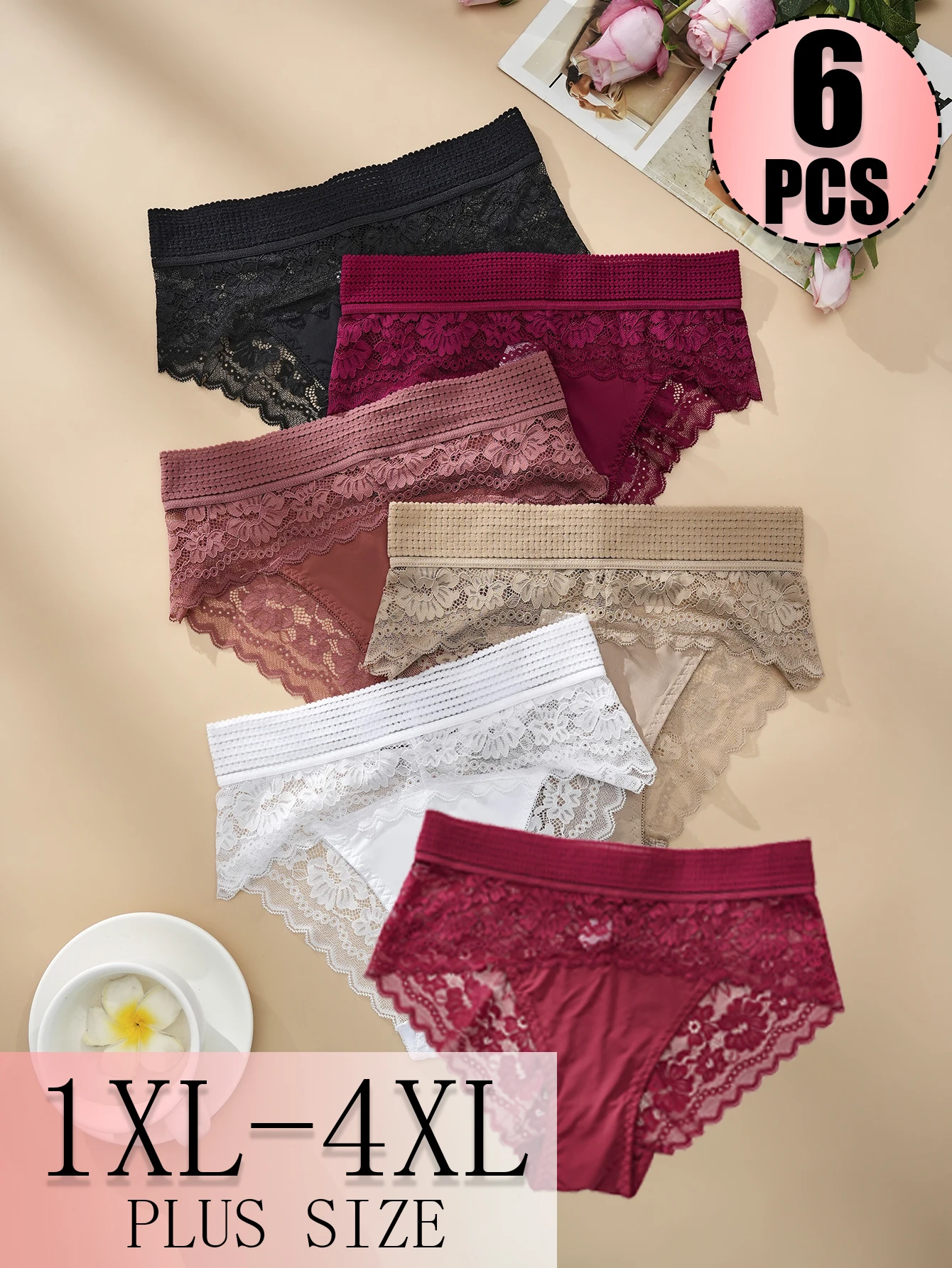 6PCS Plus Size Women's Sexy Lace Plus Size Women's Underwear, Close Fitting, Breathable, Comfortable, High Elasticity Plus Size Women's Underwear view 5