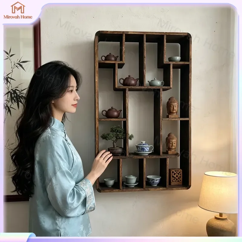 For Wall Shelf Floating Shelves New Chinese Style Bogu Rack Wall Mounted Tea Set Display Storage Rack Home Decor Ornament