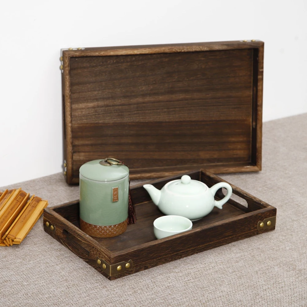 Contemporary For Solid Wood Serving Tray With Iron Corner Framework And Rounded Handle Edges For Daily Tabletop Utility