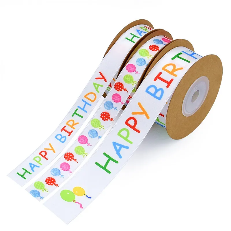 Happy Birthday Balloon Printed Satin Ribbon Christmas Wedding Kids Birthday Party Gift Wrapping Decor Ribbon DIY Craft Supplies