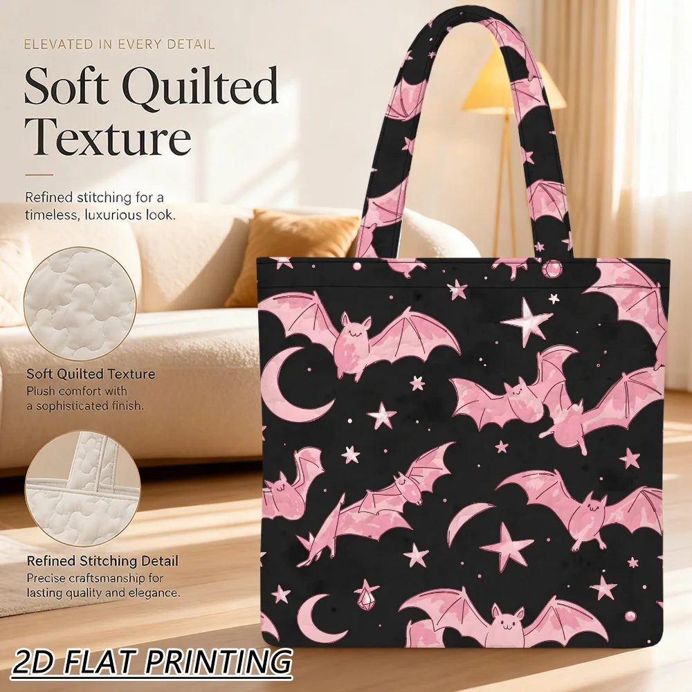 1pc Pink bats flying stars Quilted Women'S Shoulder Bag, Spacious, Back-To-School Must-Have For Travel, Shopping, Fun