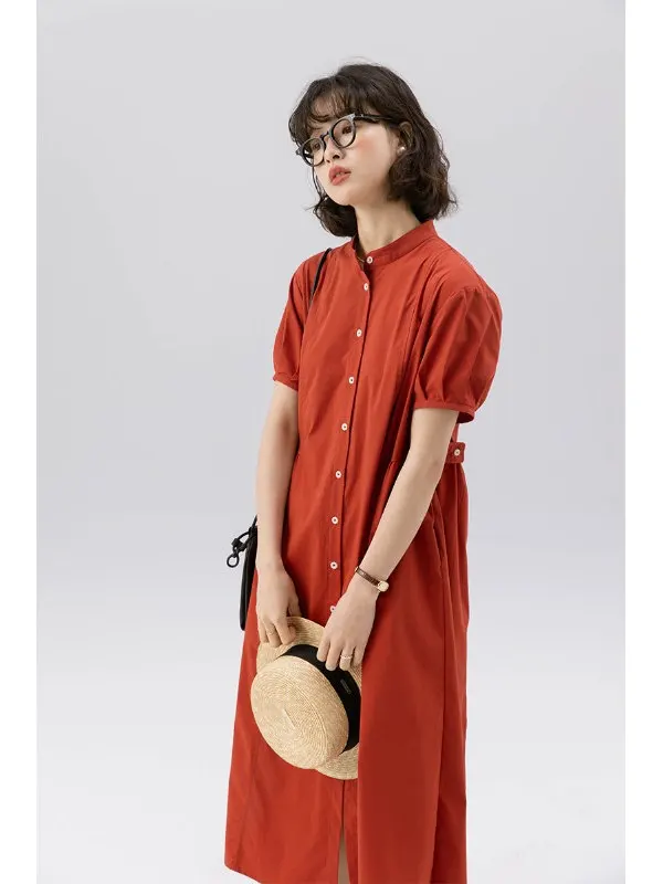 Ele Summer irt Dr Casual Loose Comfortable Artistic Vintage Sle ort Sve Mid-Length Single-Breasted Dr