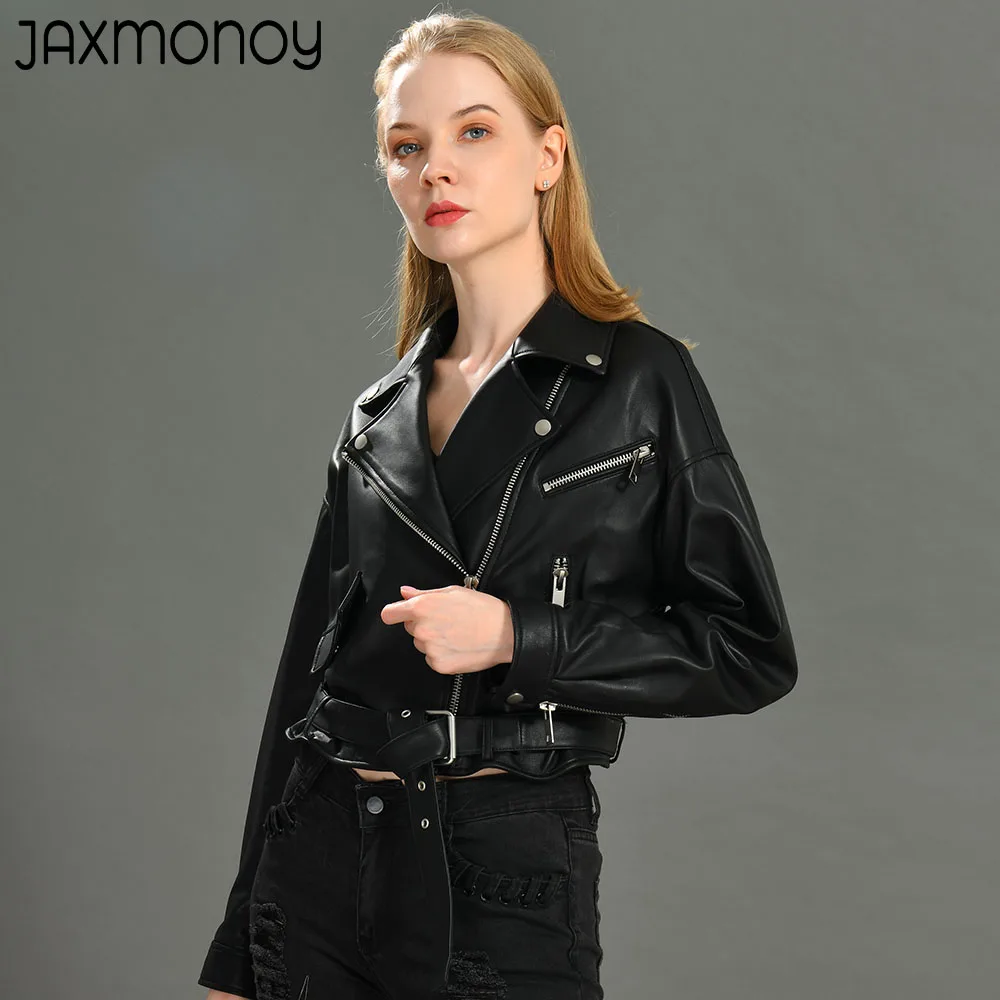 Jaxmonoy Women's Real Leather Jacket With Belt Spring Solid Color Genuine Sheepskin Coat Ladies Autumn Fashion Windproof Jackets