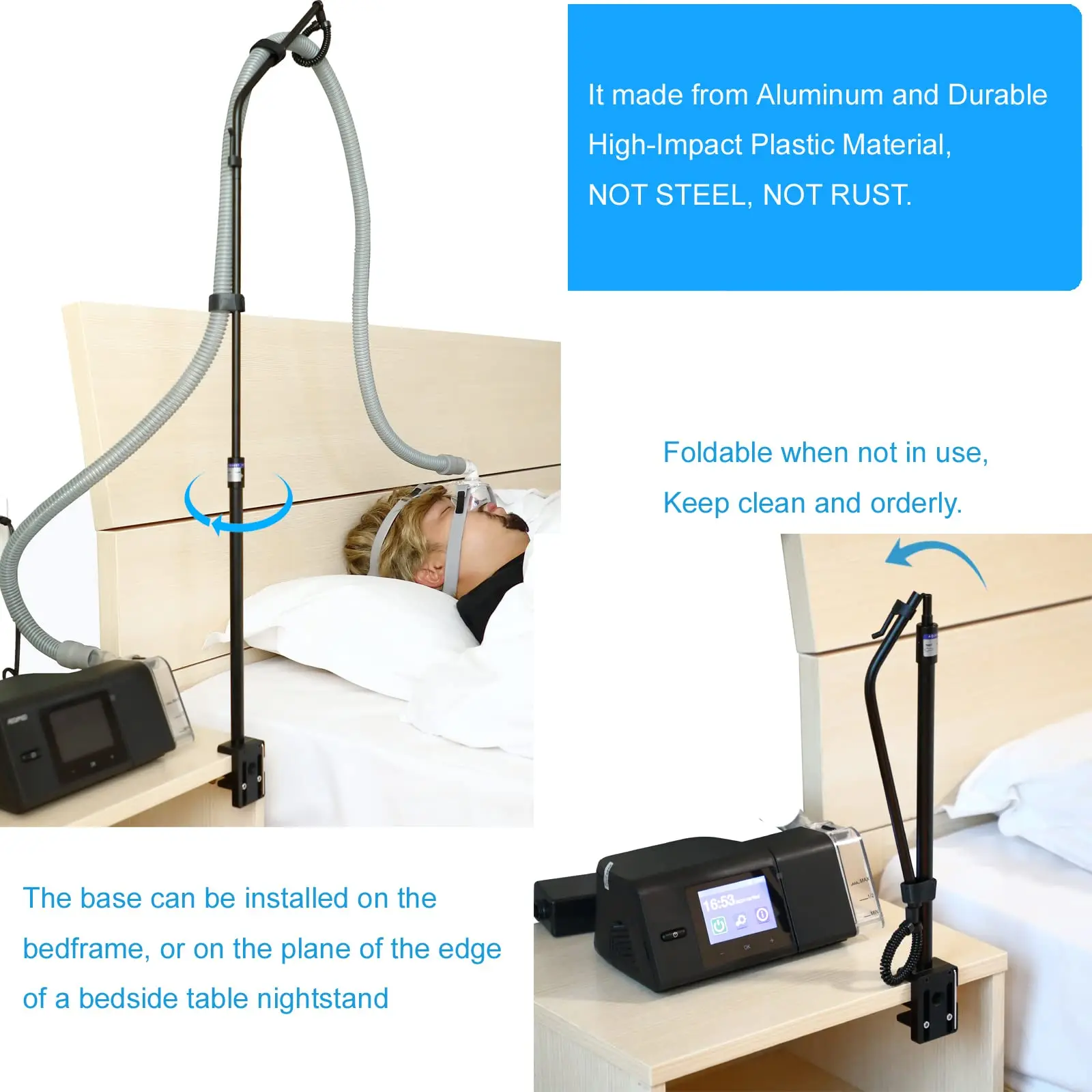 CPAP Hose Holder-Height Adjustable Tube Lift, Foldable Hanger Support Avoid Tangling and Prevent Blockage Sturdy C Clamp device