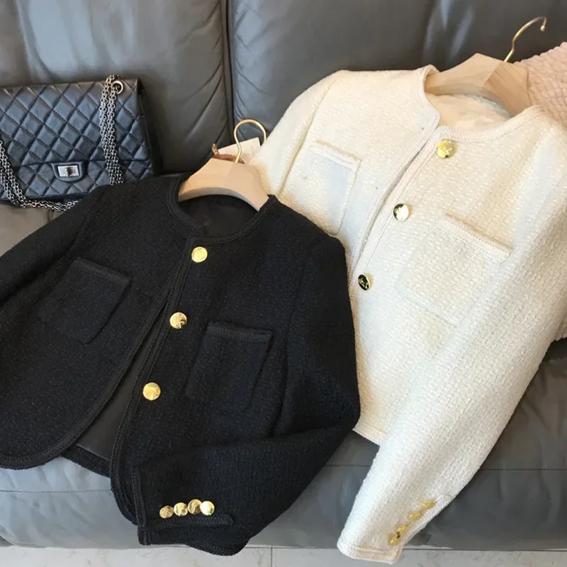 Jaqueta curta de manga longa com botões dourados Top Elegante de Inverno de Lã e Tweed para Mulheres Casaco Curto Vintage de Outono de Luxo para