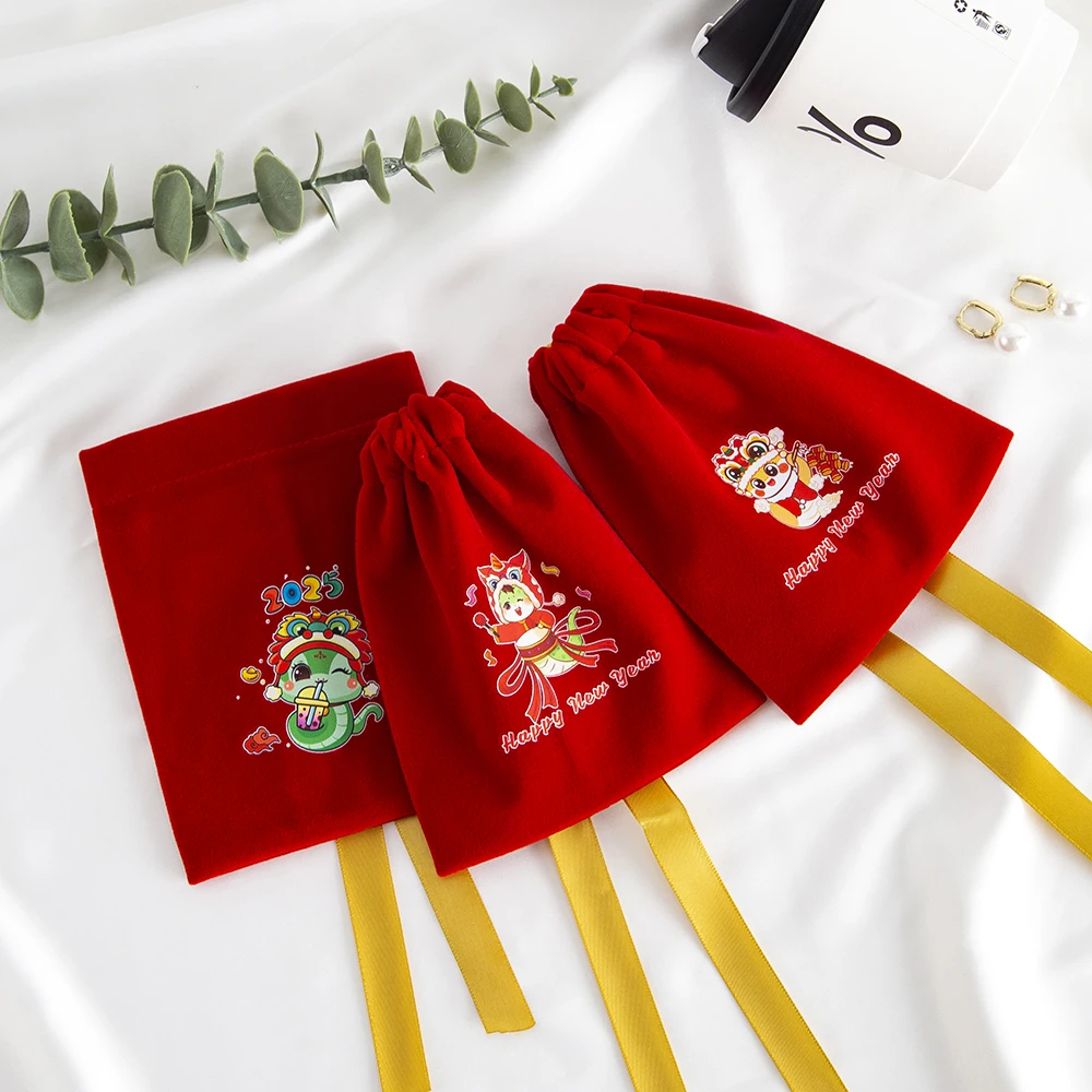 10Pcs Lovely Red Jewelry Drawstring Bag New Year Gift Packaging Pouches Candy Melon Seeds Peanuts Organizer Earrings Ring Pocket