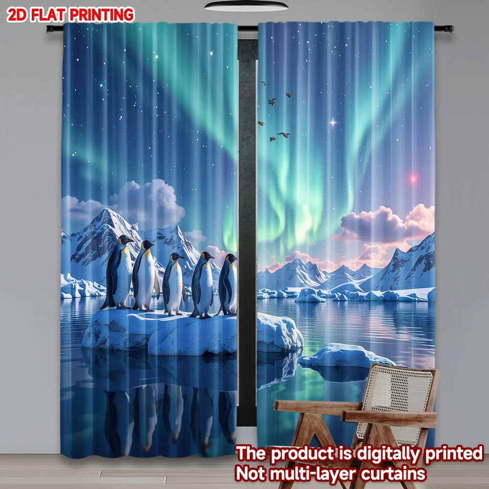 

2D flat printing 2pcs Window Curtains Penguins Under Northern Digital Printed Polyester Drapes Family Party Decoration Perfect