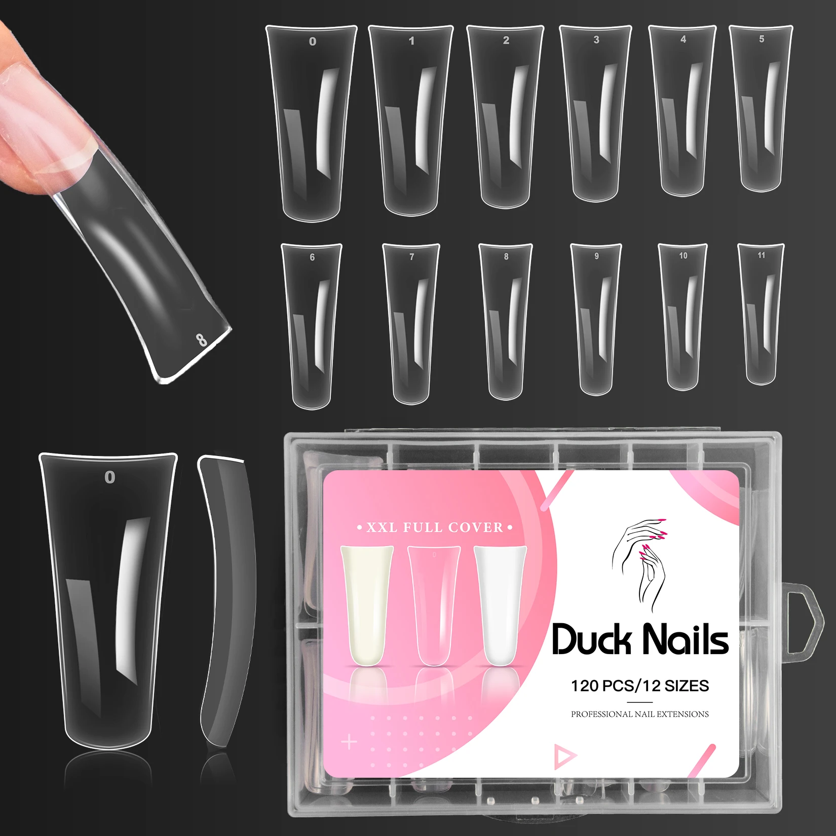 Duck Nail Tips - 120pcs Extra Long Duck Feet Style Nail Tips Clear Press on Nail Tips for Acrylic Nails Full Cover 12 sizes