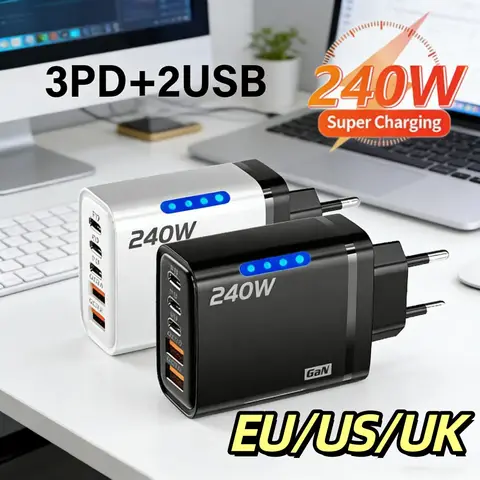 5 in 1 GaN Desktop USB Phone Charger 240W PD Fast Charger For iPhone 16 15 Pro Samsung Xiaomi Type C EU US UK Plug Power Adapter