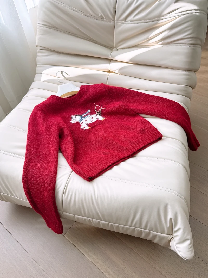 

Теплый красный вязаный шерстяной свитер с узором, мягкий, уютный, женственный, повседневный, модный трикотаж для весны 2026 года