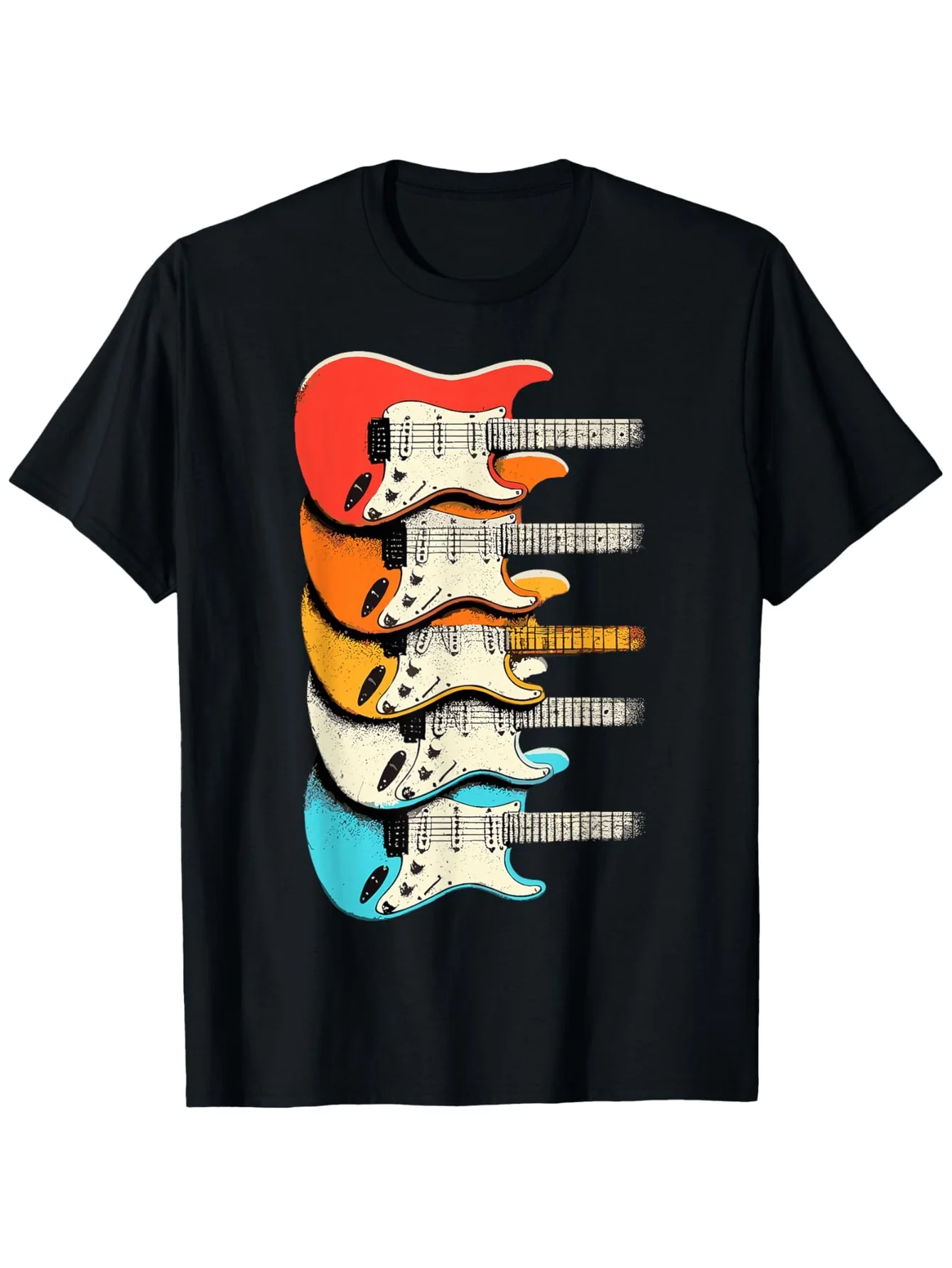Vintage Rock Music Guitar Graphic T-Shirt - Black Retro Electric Guitars Color Block Design,  Loose Fit Unisex Tee, Casual Comfort Sizes , Music Fan Apparel, Colorful Design,
