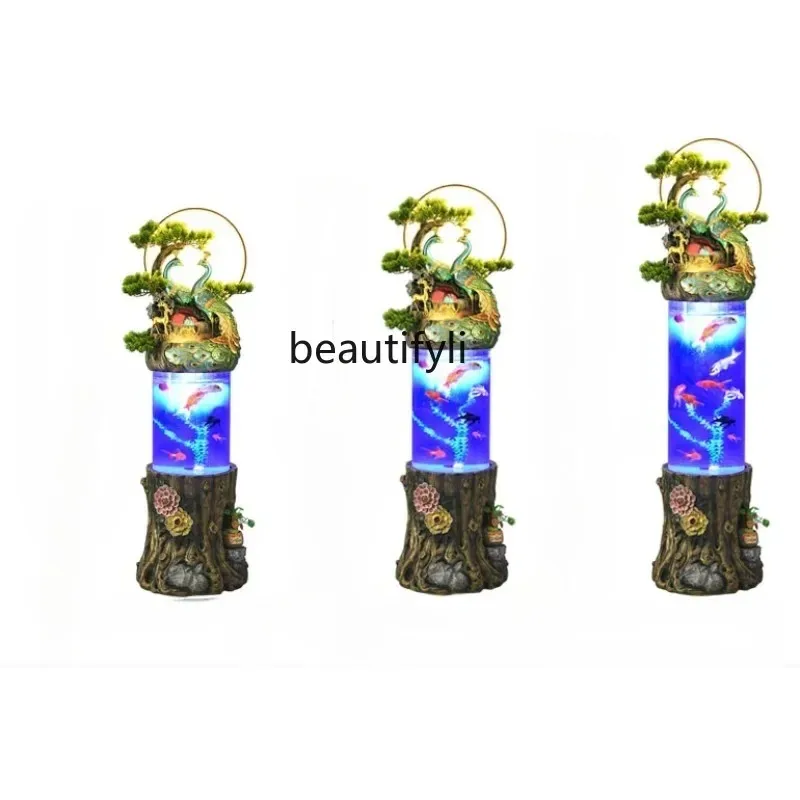 S Chinese Creative Water Fountain Waterscape Cylindrical Ecological Fish Tank Living Room Floor Stand Decoration Humidifier 01A