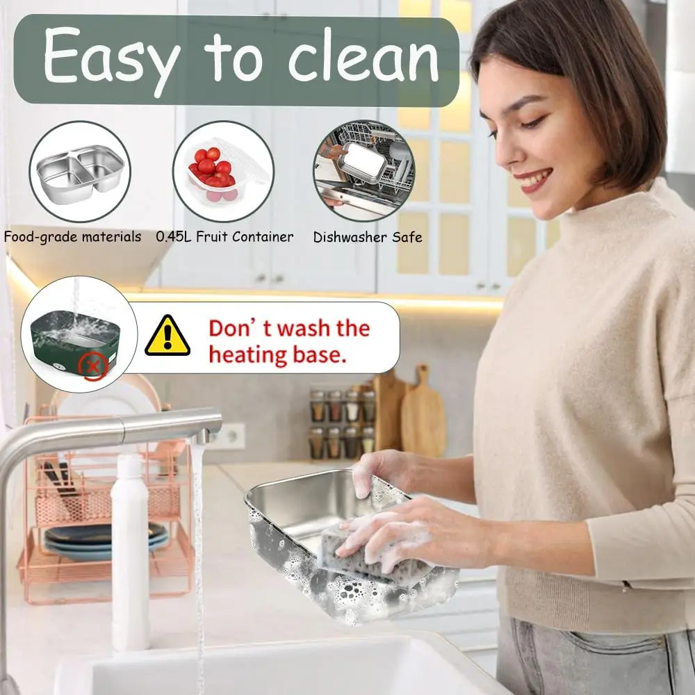 صندوق غداء كهربائي 1.5 لتر من الفولاذ المقاوم للصدأ لتدفئة الطعام 80 وات PTC محمول للسيارة والمكتب والتخييم (أخضر)