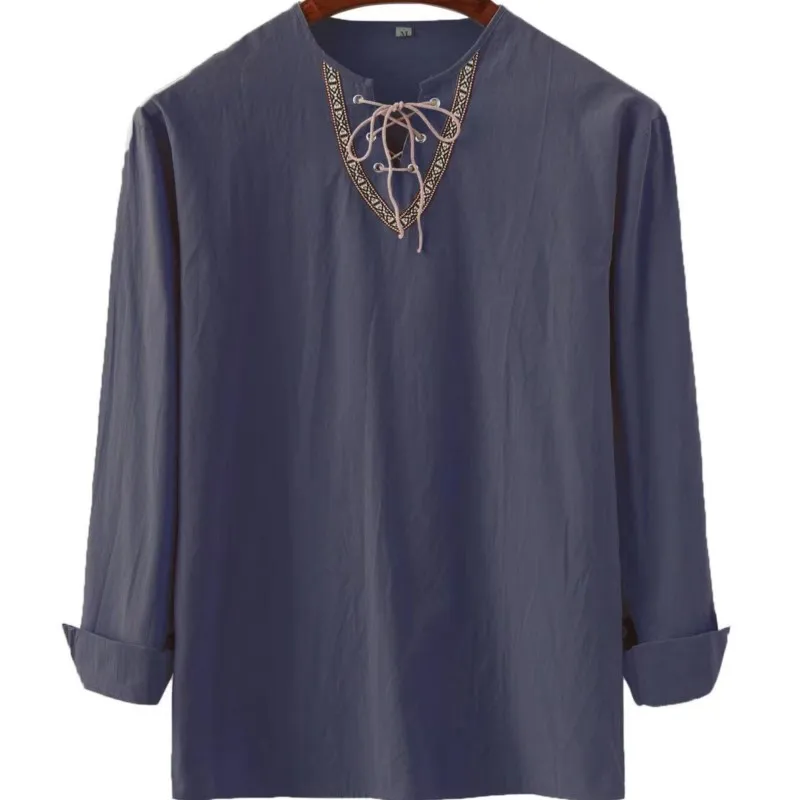 Retro algodão linho masculino solto cor sólida gola com cordão camisa de manga comprida 2026 primavera/outono camisa casual masculina