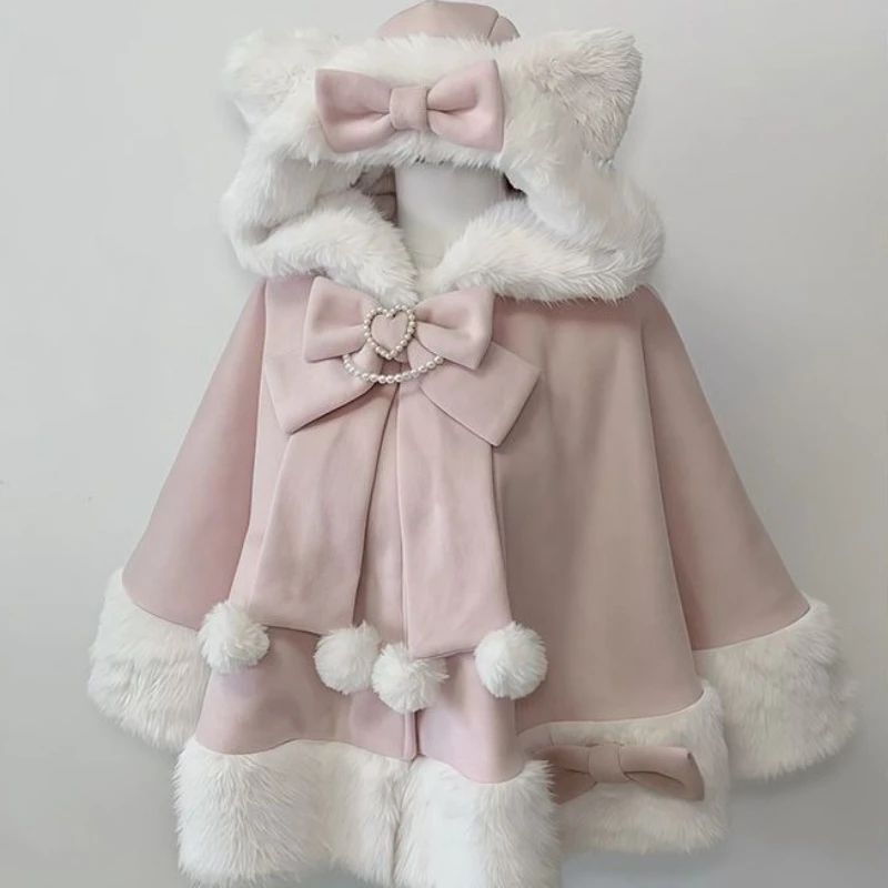 Japanese Lolita Sweet Cat's Ears Hooded Cloak Jackets Women Y2k Aesthetic Furry Patchwork Coat Harajuku Sweet Bow Loose Jacket