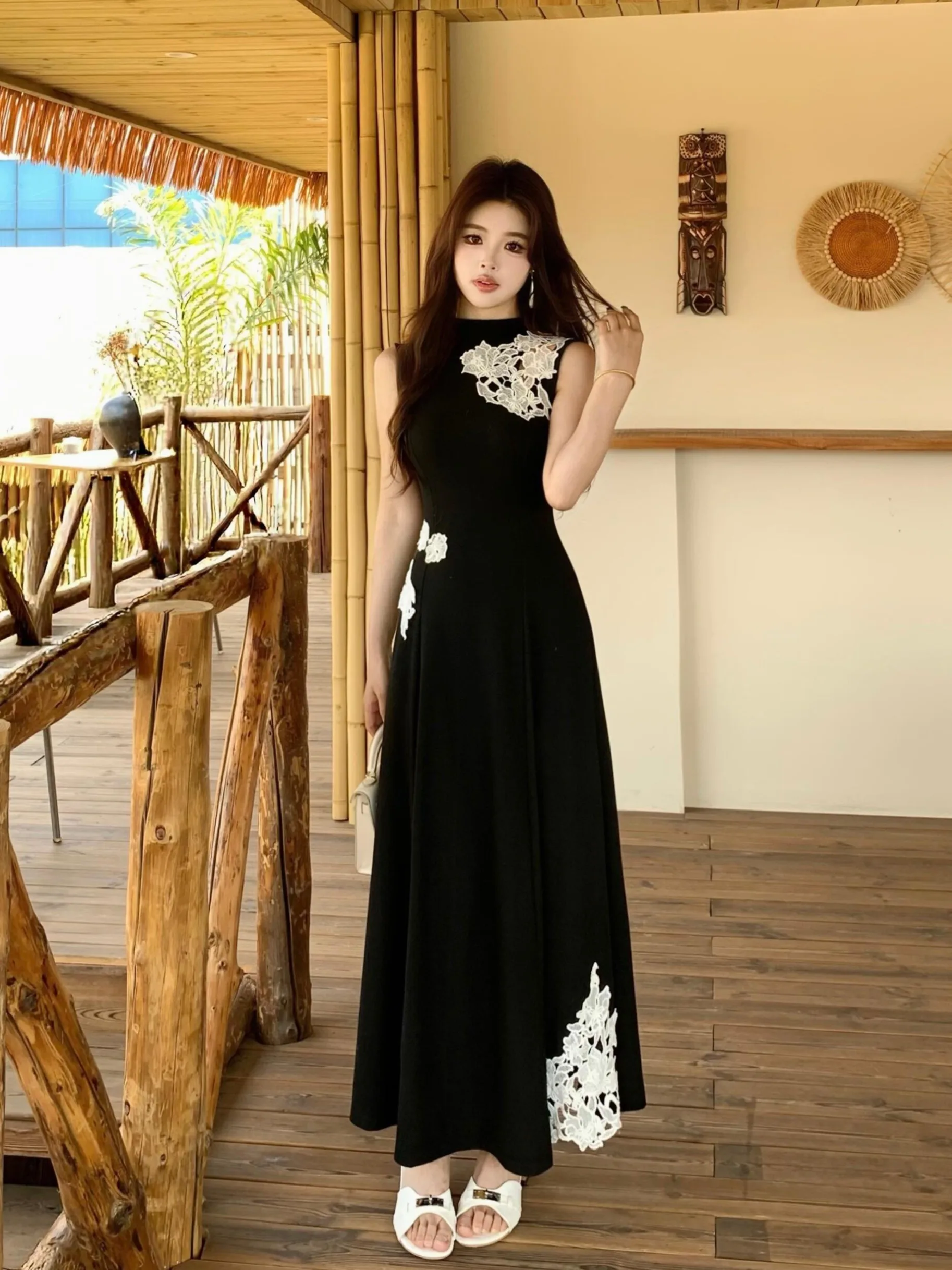 

plus Size Women's New Chinese Style Lace Embroidered Knitted Dress Summer Waist Cinching A-Line Skirt Long Sleeve High Waist