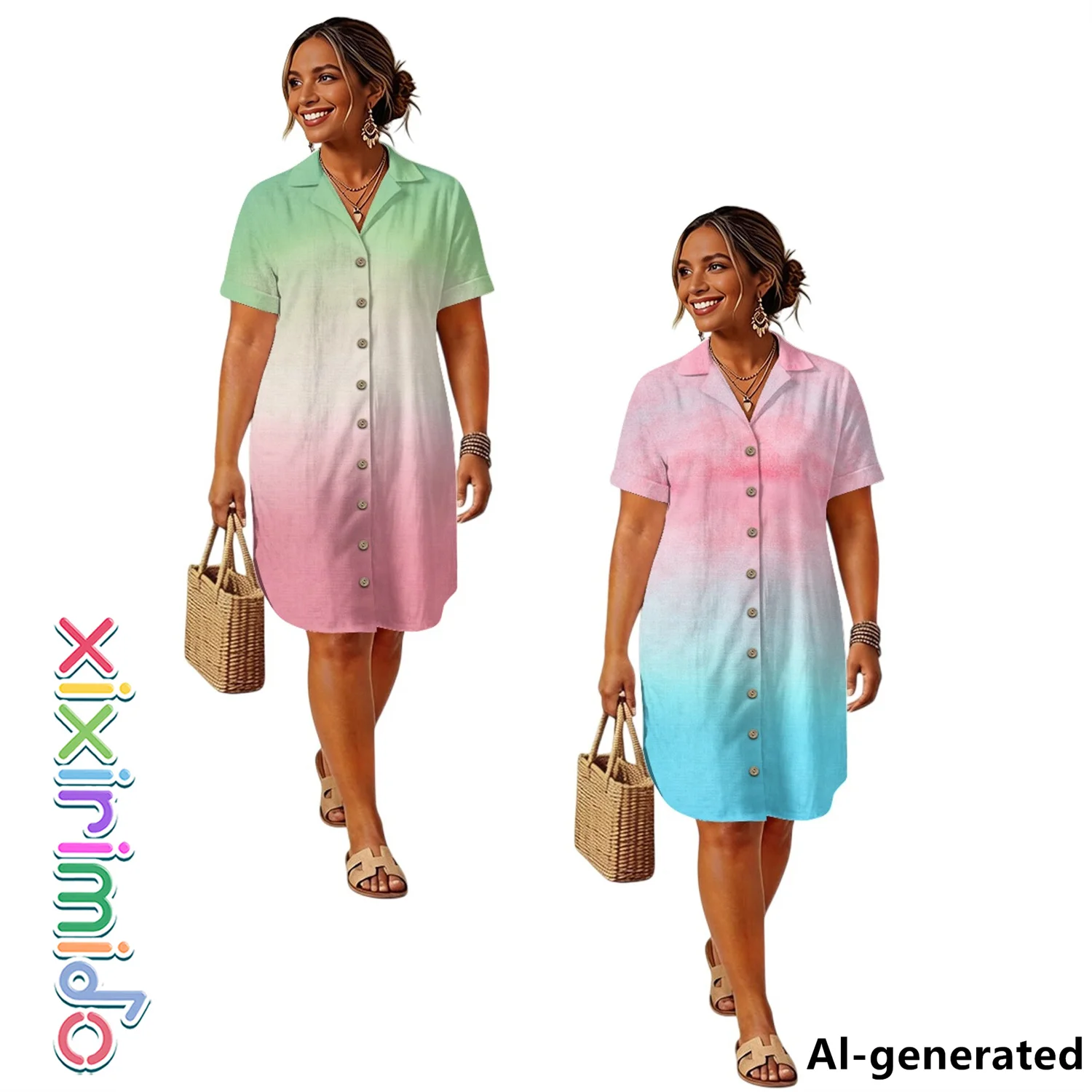 

XIXIRIMIDO Women's Linen Turn-down collar Sundresses Shirt Dress Gradient Print Button Down Single Breasted Dress with Pockets