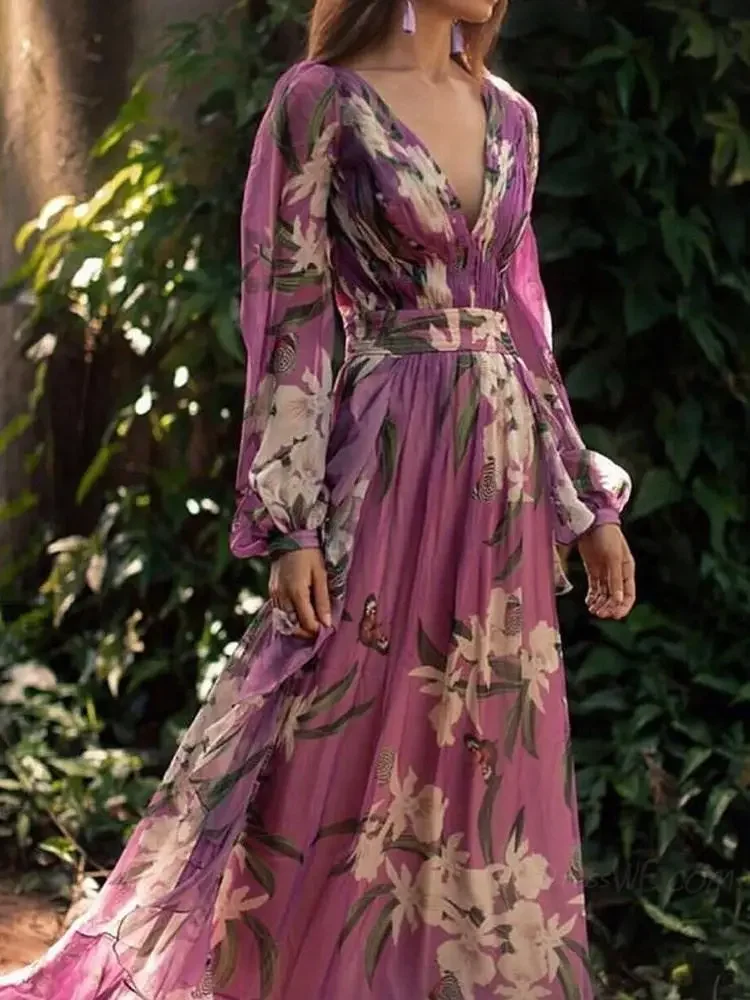 2023 Purple Print Print Bikini Cover-ups Sexy Cross Open Back Long Sleeve Summer Dress Women Beach Wear Swim Suit Cover Up