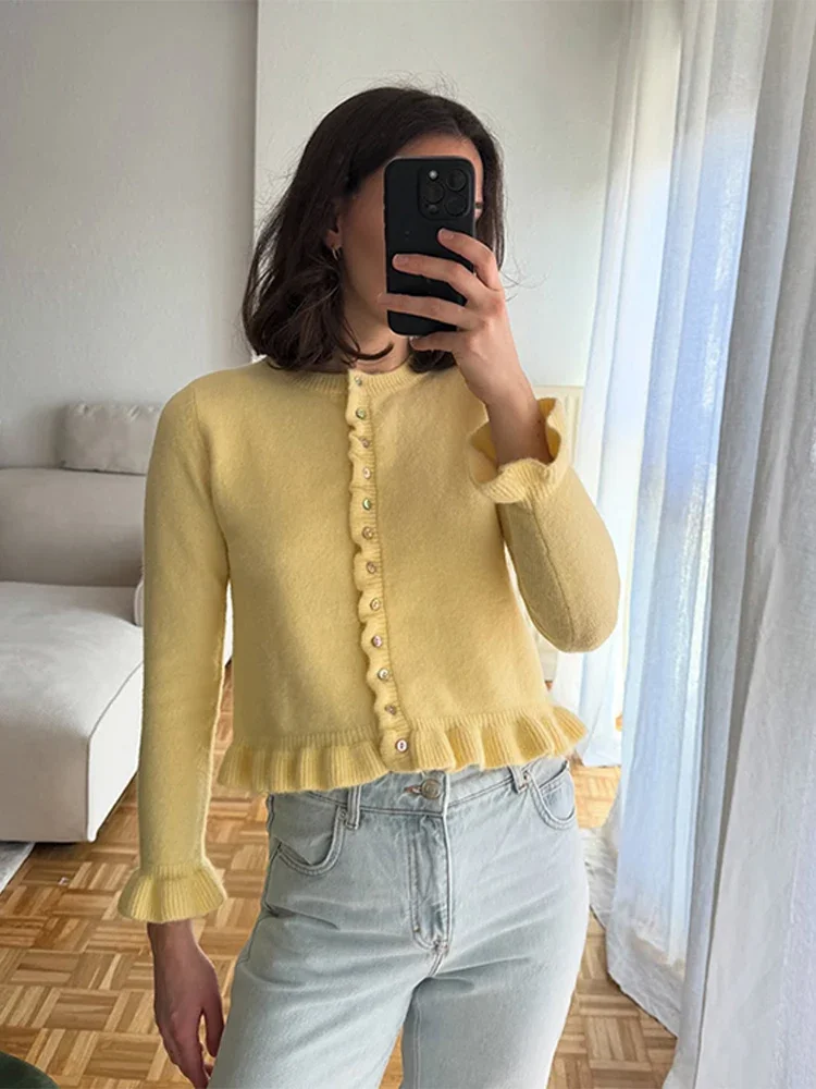 

Women's Cardigan Knitted Elegant O-neck Single Breasted Full Flare Sleeve Pleated Coats 2025 Spring Fashion Lady Office Wears