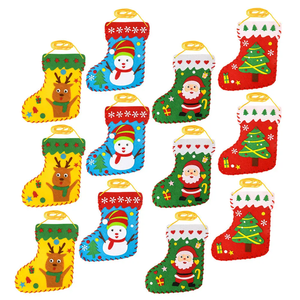 12Pcs Kids Felt Sewing Kit DIY Felt Christmas Stocking Making Kit Hand-Made Craft Set for Beginners Enhance Hand-Eye