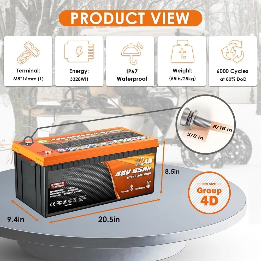 48V 65Ah Bluetooth LiFePO4 Lithium Golf Cart Battery Conversion Kit, Built-in 120A BMS and Self-Heating, 10 Years Lifetime