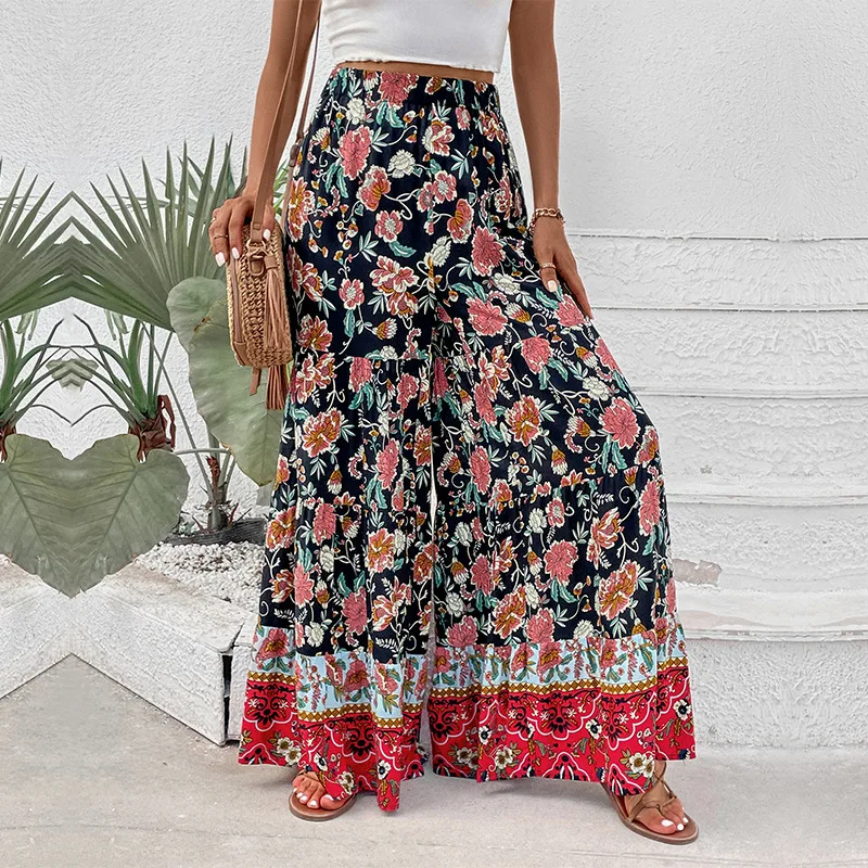 

Boho Floral Wide Leg Pants Women Vintage Loose Oversize Cotton Rayon Pants Summer Elastic Waist Casual Beach Wear Long Trousers