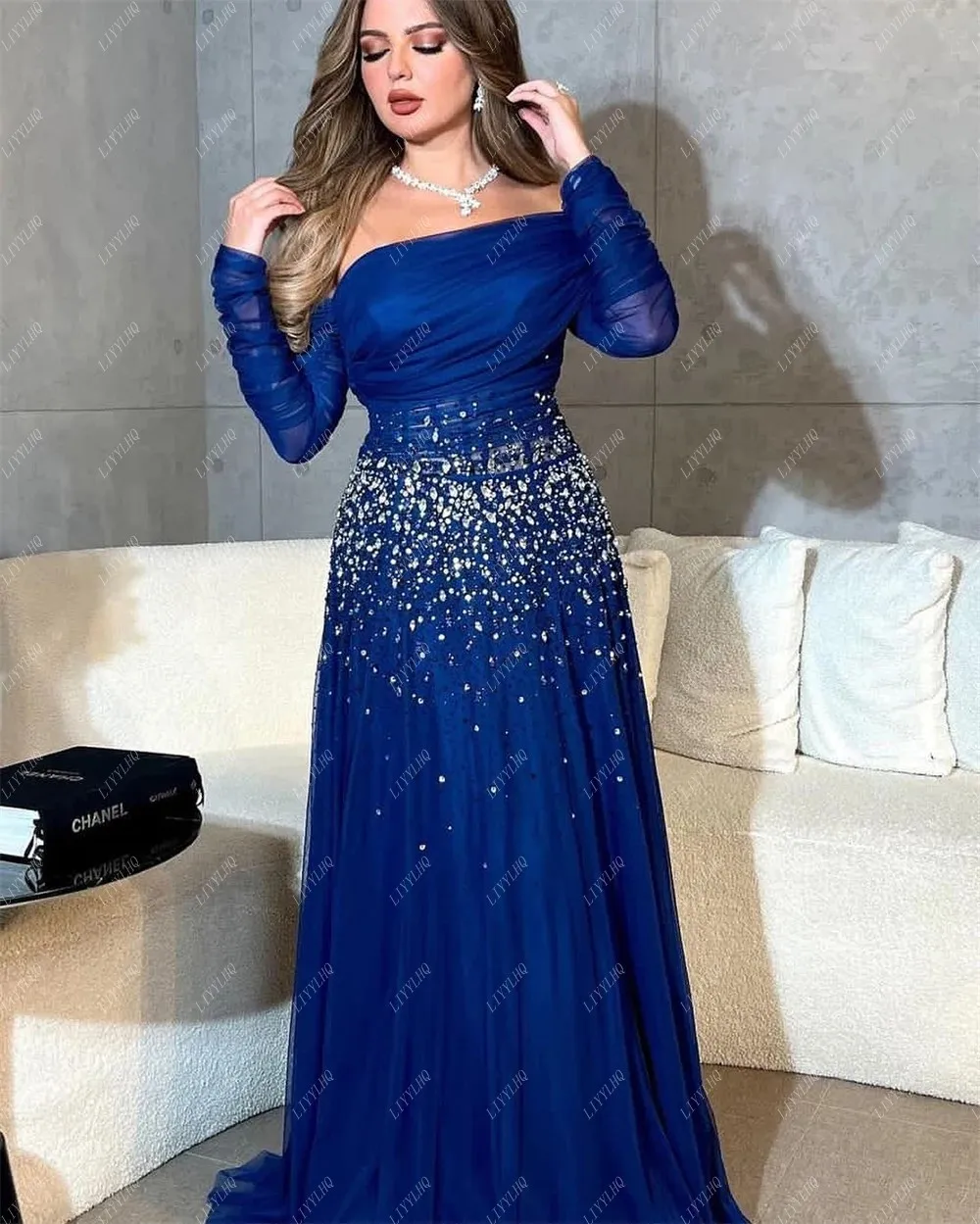 LIYYLHQ Elegant Dark Blue Prom Dresses Long Sleeves A-line Sexy Beading For Evening Party Gowns Robes De Soirée