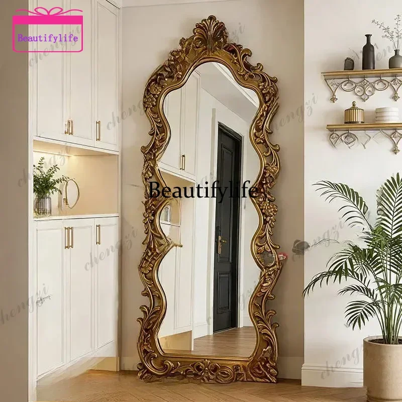 European retro carved dressing mirror special-shaped floor-to-ceiling bedroom classical luxury fitting mirror