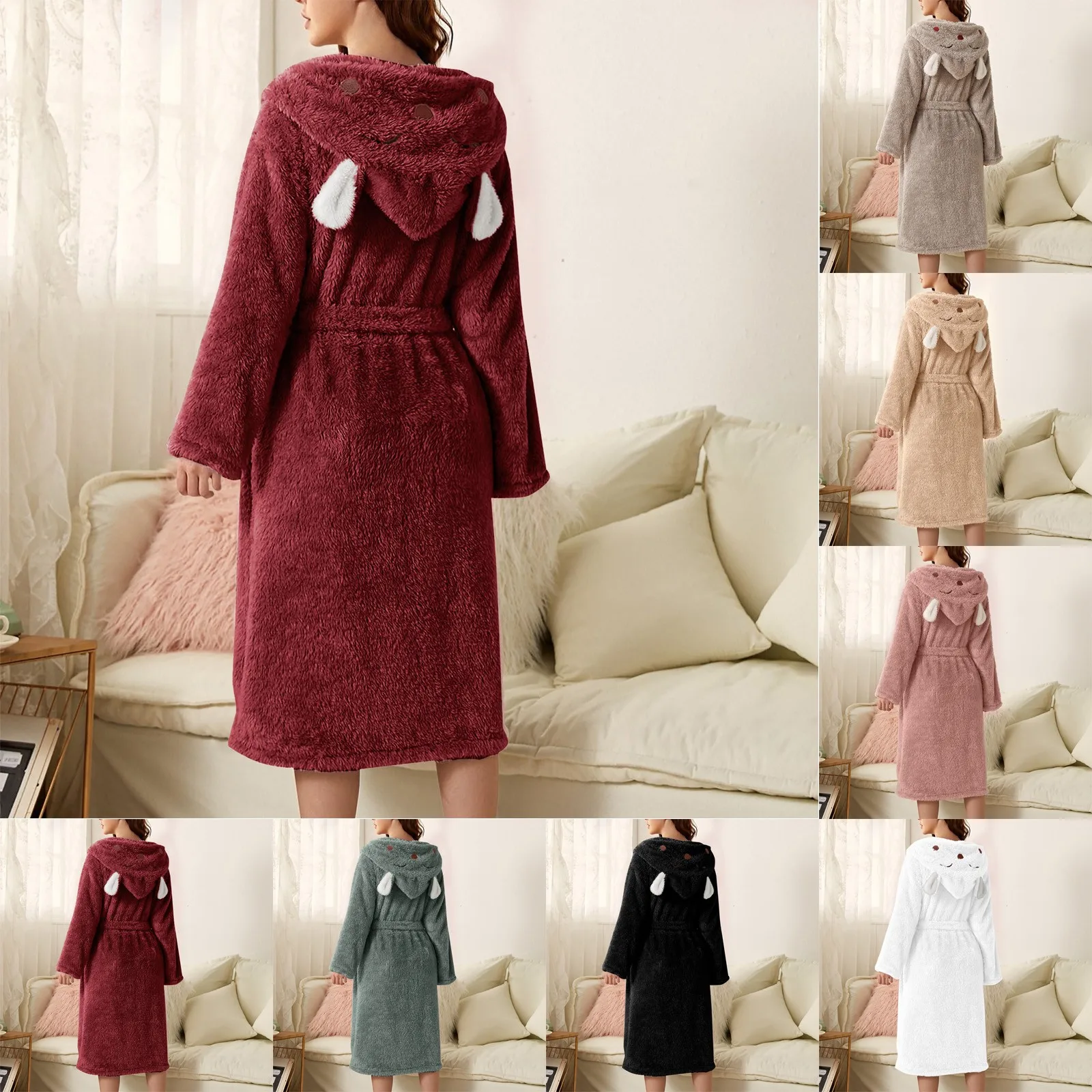 Thicken Fuzzy Robes Bathrobe Long Women Cute Ear Warm Hooded Robe Rabbit Flannel Kimono Bath Robe Dressing Gown Velvet Sleepwear