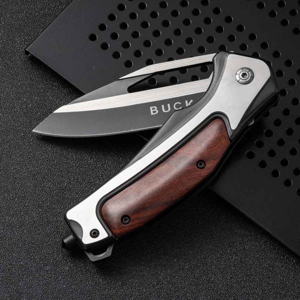 Outdoor Folding Knife with Wooden Handle, Multi-function Pocket Knife, Camping Survival Knife, Field Self-Defense Knife