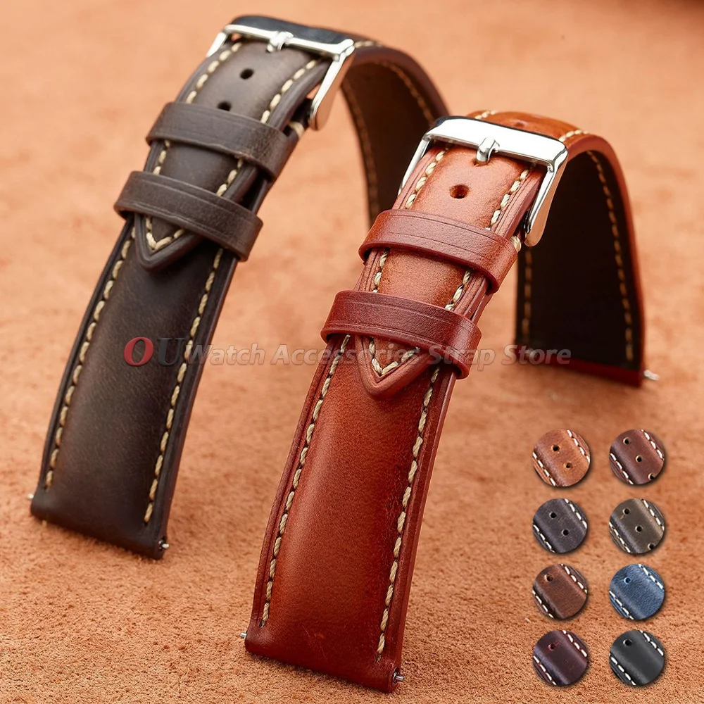 For Omega Vintage Oil Wax Cowhide Watch Strap 18mm 19mm 20mm 21mm 22mm Brown Head Layer Leather Watchband Pin Buckle Accessories