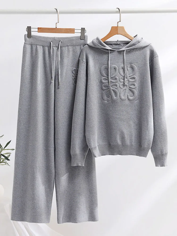 Malha com capuz sweatshirts 2 peça define feminino casual malhas jumper topos conjuntos coreano cintura alta malhas calças de perna larga terno ﻿