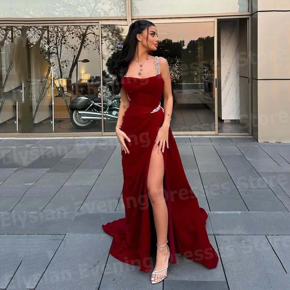 Simple Women\'s Evening Dresses Strapless Prom Gowns Spaghetti Strap Beaded Customized Sexy Side Split Party Vestidos Para Mujer
