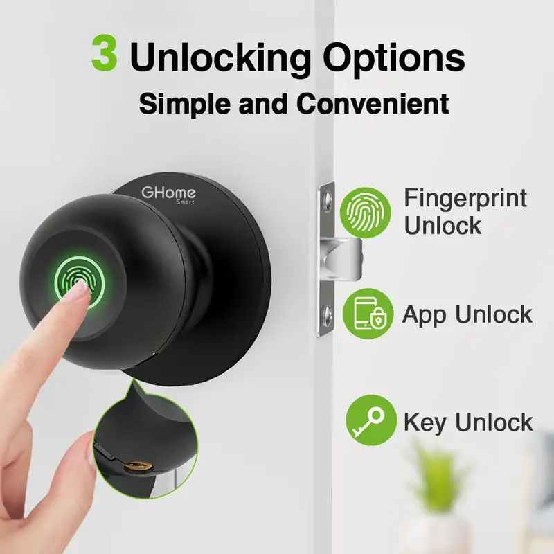 GHome Smart Door Knob Fingerprint Door Lock Rechargeable Smart Lock Electronic Biometric Door Lock , App Control