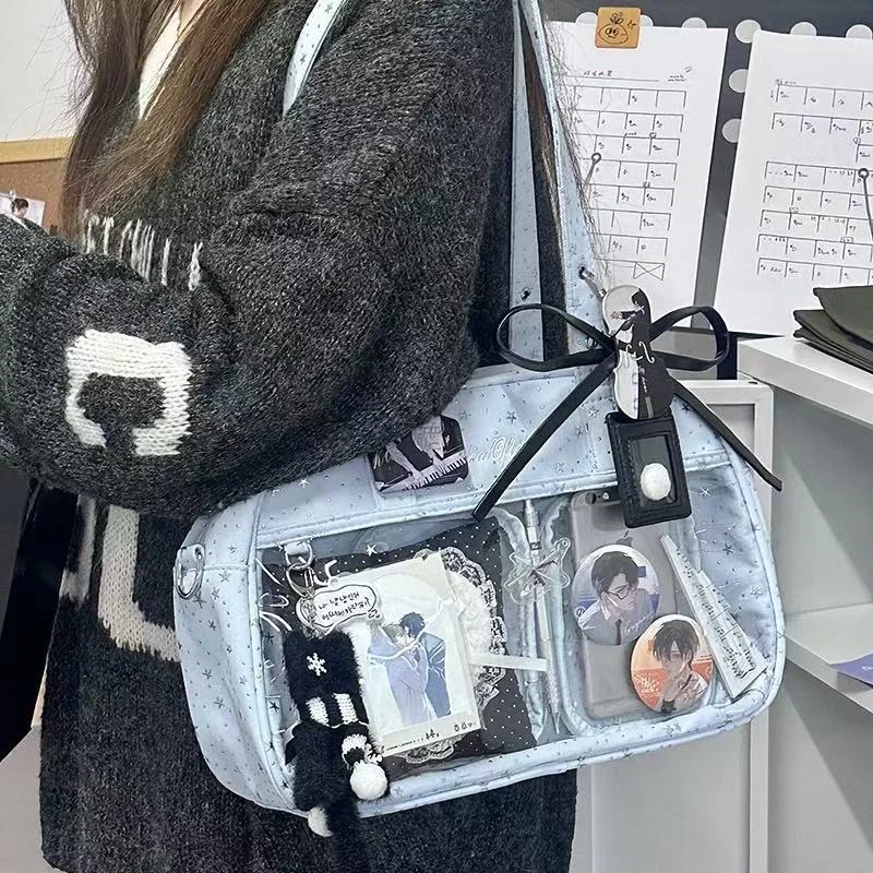

Dopamine Star Print Large Capacity Ita Bag,Cute Kawaii Crossbody Shoulder Purse,Clear Window Tote for Badge,Y2k Harajuku Handbag